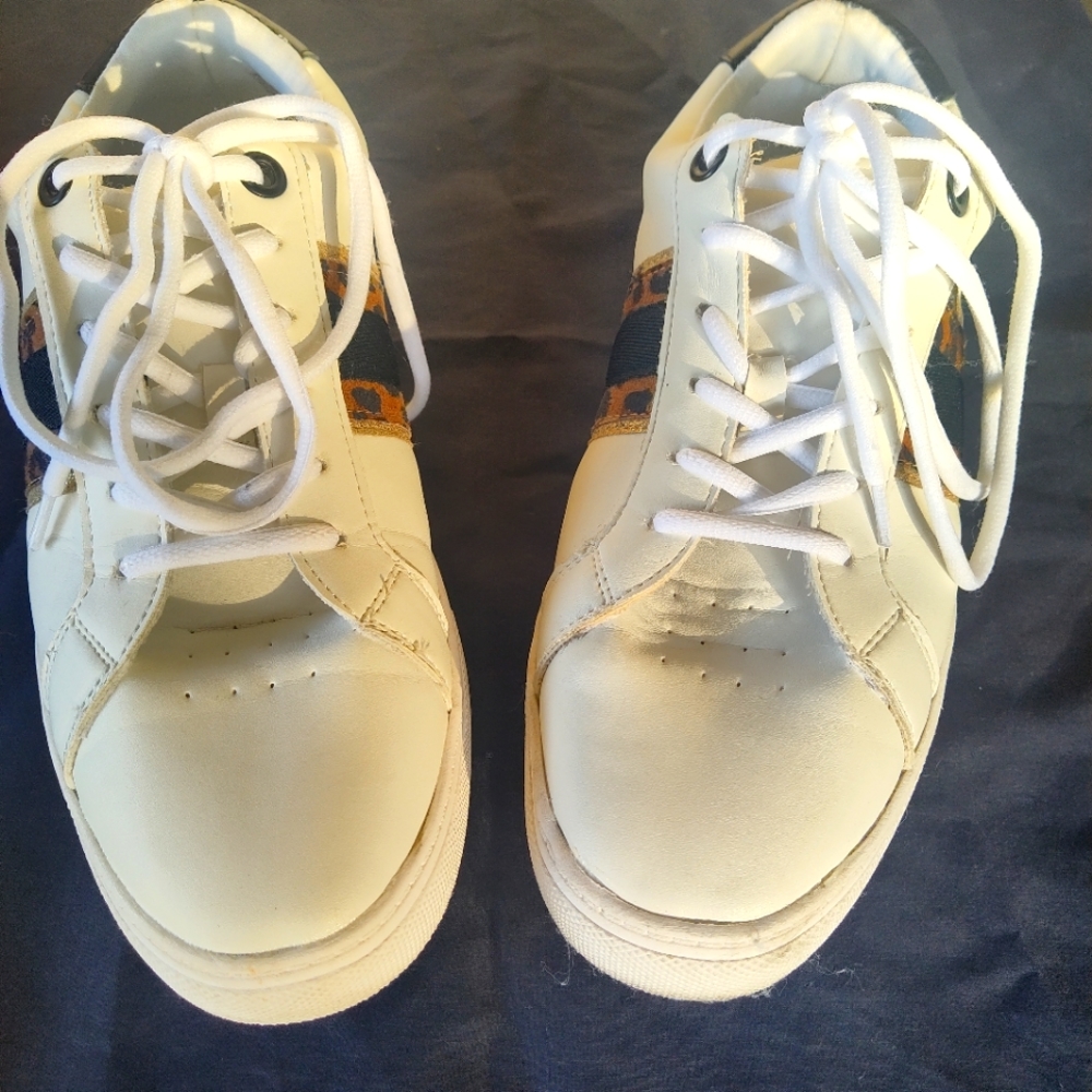 Sneakers Size 9 Time & Tru White Faux Leather Shoes with Leopard & Black Stripe